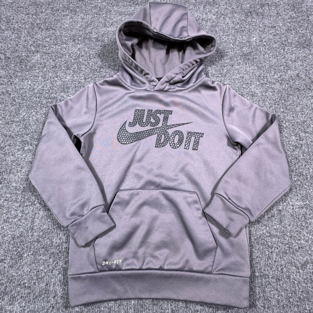 Nike Boys Hoodie Dri-FIT Just Do It Pullover Gray Size 6 Activewear Sweatshirt
